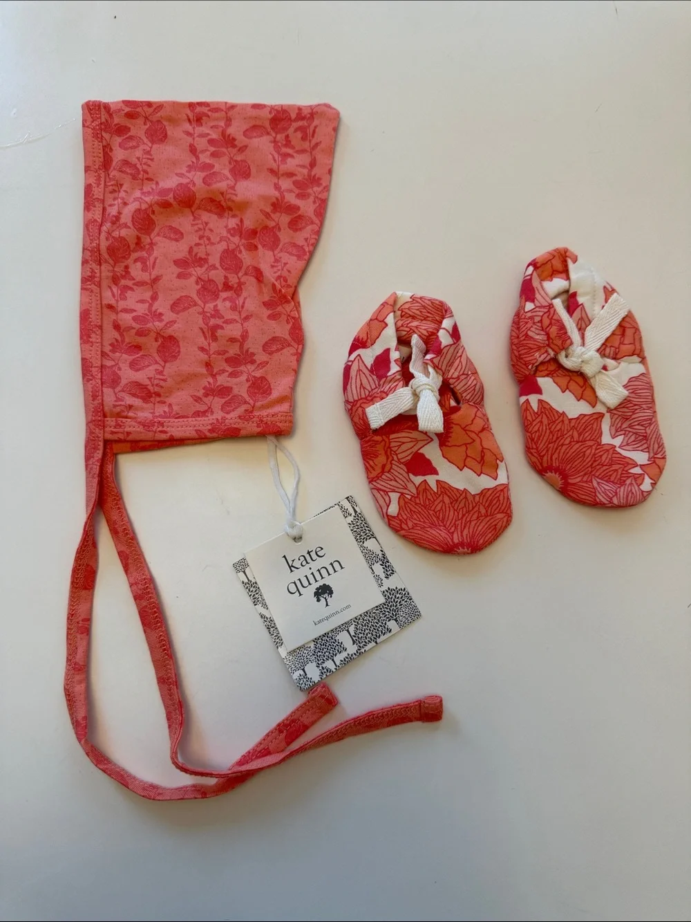 kate quinn Coral and Pink Floral Baby Booties with Matching Bonnet